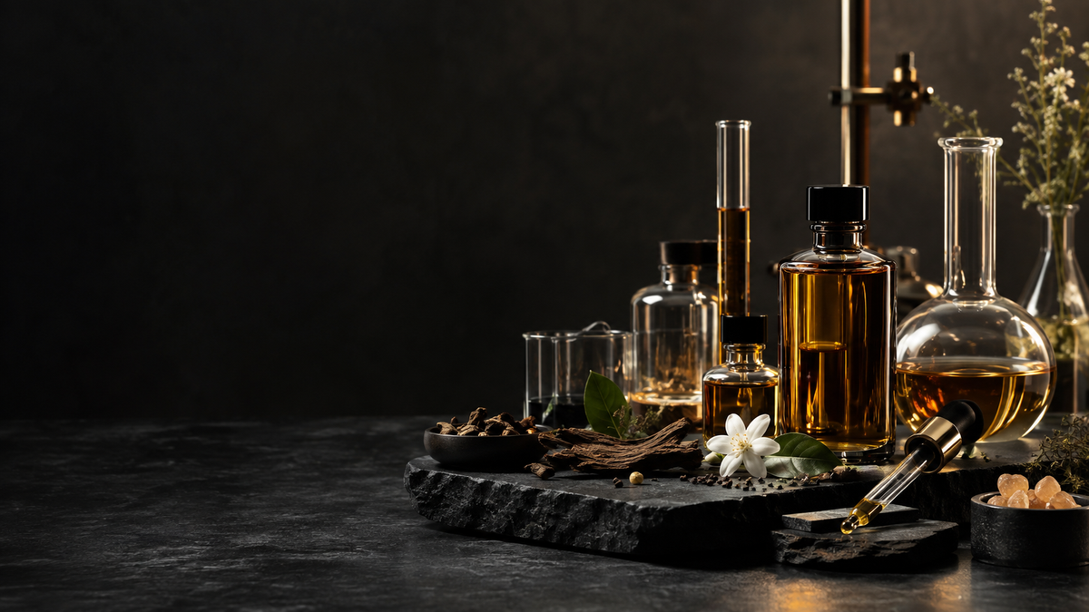 Fragrance bottles, botanical ingredients and a glass pipette